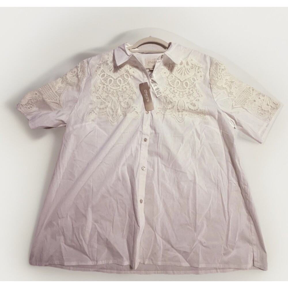 Chico's White Lace Embroidered Collared Button Blouse Short Sleeve Size 3